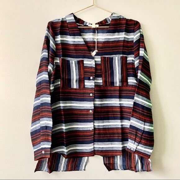 NWT Entro Rust Navy Blue Striped Spliced Back V Neck Long Sleeve Button Up Top - Picture 1 of 8